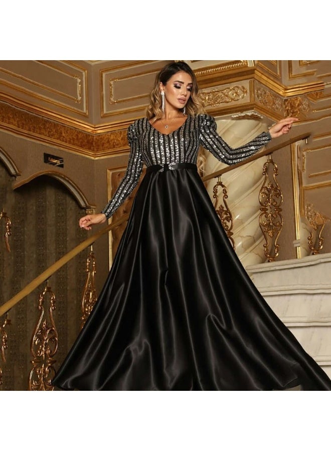 NIBEMINENT فستان ماكسي للسيدات بعمق كبير مقاس V مزين بالخرز بأكمام طويلة وطول الأرض مع حواف كبيرة لحفلات الزفاف والسهرات - Image 1