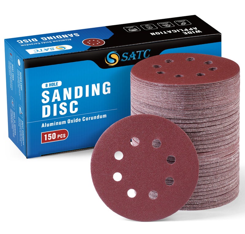 S SATC 150 PCS Sanding Disc 60 80 100 120 150 180 240 320 400 600 Grit Sanding Discs 5 Inch 8 Hole Hook and Loop Sanding Discs for Random Orbital Sander - Image 1