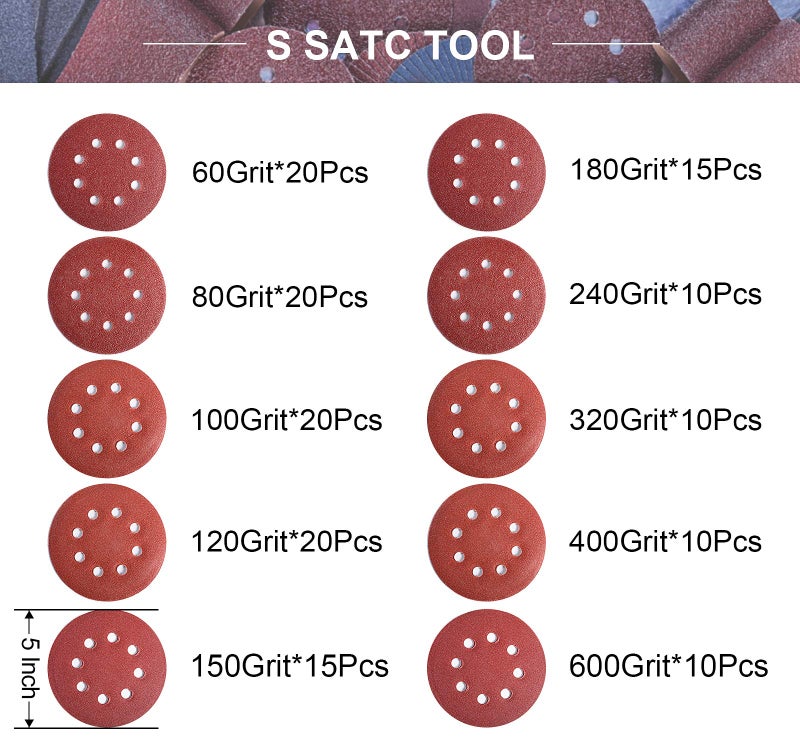 S SATC 150 PCS Sanding Disc 60 80 100 120 150 180 240 320 400 600 Grit Sanding Discs 5 Inch 8 Hole Hook and Loop Sanding Discs for Random Orbital Sander - Image 2