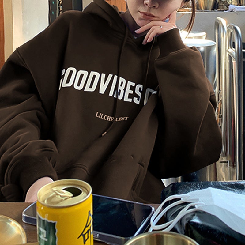 fleece-lined Hooded Sweatshirt Womens Autumn and Winter New Loose Letter Printing Korean Style Fashion Students Coat Long Sleeve Top Trendy 03 dark coffee