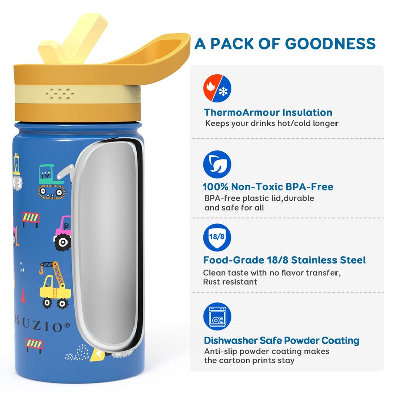 BUZIO 14 oz Kids Water Bottle with Straw Lid, Vacuum Insulated Stainless Steel Metal Thermo Bottles for Toddlers Girls Boys Leak Proof BPA-Free & Lead-Free Flask for School, Blue Construction Car - Image 2