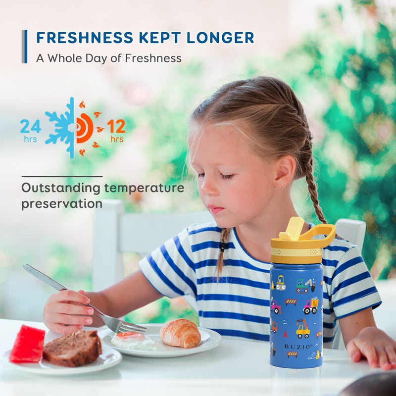 BUZIO 14 oz Kids Water Bottle with Straw Lid, Vacuum Insulated Stainless Steel Metal Thermo Bottles for Toddlers Girls Boys Leak Proof BPA-Free & Lead-Free Flask for School, Blue Construction Car - Image 3