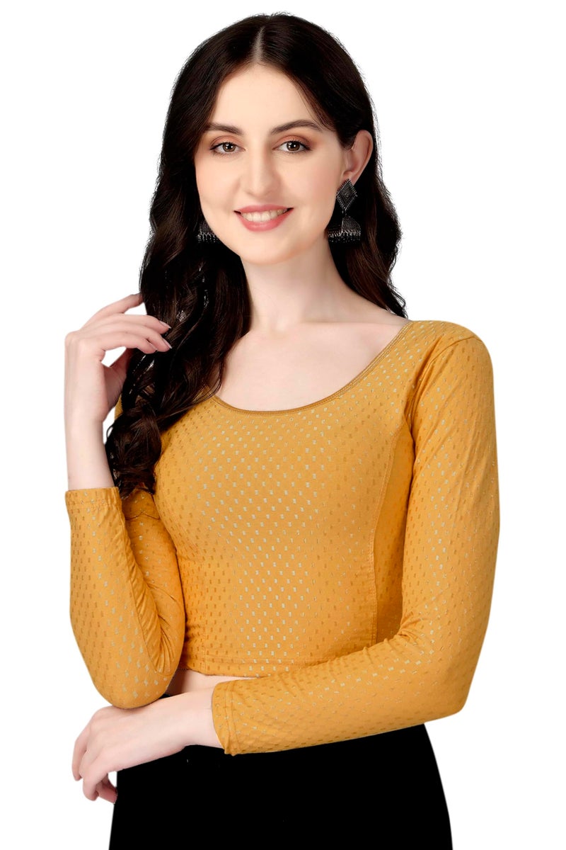 Shiv Textiles Round Neck Dobby Cotton Lycra Stretchable Elbow Sleeve Readymade Saree Blouse for Women Stylish (BeigeFree Size Full Sleeve) - Image 1