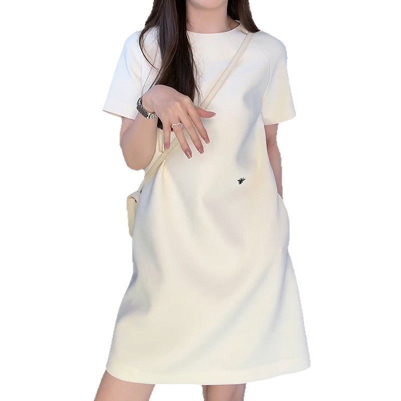 Women's Casual A-Line Midi Dress - Round Neck Short Sleeve Solid Cream - Image 5