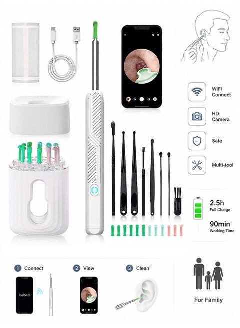 Ear Wax Removal, Wi-Fi Visible Ear Cleaner Kit with 12 Ear Pickers and Storage Case, Ear Wax Removal Tool with 1080 HD Camera and 6 Ear Scoops (White)