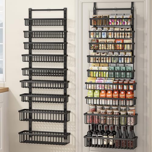 POKIPO 9 Tier Over The Door Pantry Organizer, 2 in 1 Wall Mount or Hanging Spice Rack with Adjustable Deep Basket, Heavy-Duty Seasoning Organizer and Storage for Kitchen Cabinet Closet Bathroom - Image 1