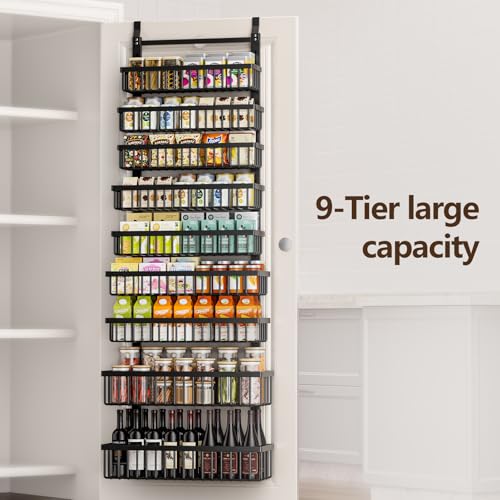 POKIPO 9 Tier Over The Door Pantry Organizer, 2 in 1 Wall Mount or Hanging Spice Rack with Adjustable Deep Basket, Heavy-Duty Seasoning Organizer and Storage for Kitchen Cabinet Closet Bathroom - Image 2