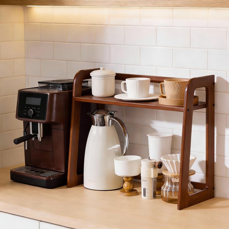 XIKEMADI Natural Bamboo Coffee Station Organizer, 2-Tier Wooden Kitchen Counter Shelf for Bar Accessories, Multi-Functional Countertop Storage Rack for Syrup Bottles & Coffee Essentials (Dark Brown) - Image 2