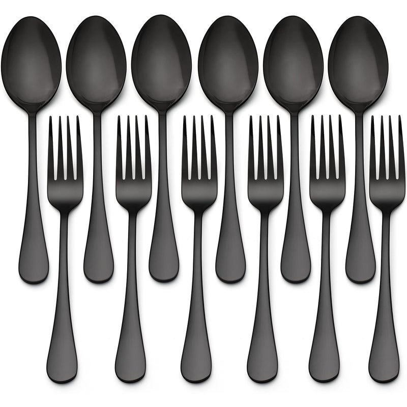 LIANYU 16Piece Black Forks and Spoons Silverware Set 8 Dinner Spoons and 8 Dinner Forks Stainless Steel Black Flatware Cutlery Set for Home Kitchen Hotel Mirror Finished Dishwasher Safe