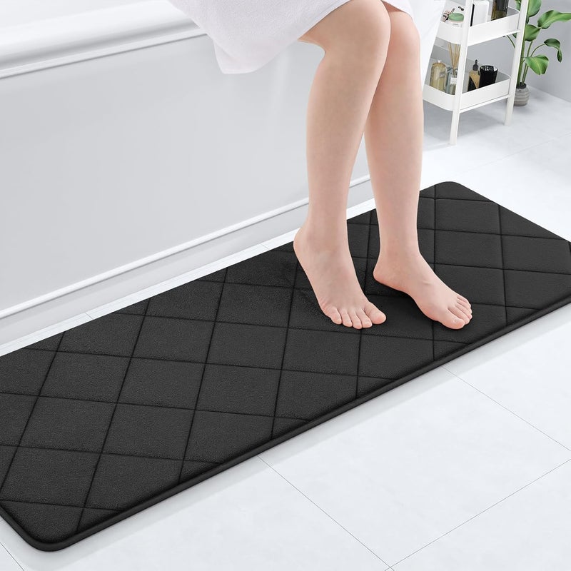 OLANLY Memory Foam Bath Mat 47x17, Ultra Soft and Absorbent Bathroom Rugs, Machine Washable, Comfortable Bath Carpet for Bathroom Floor, Tub and Shower, Black - Image 1