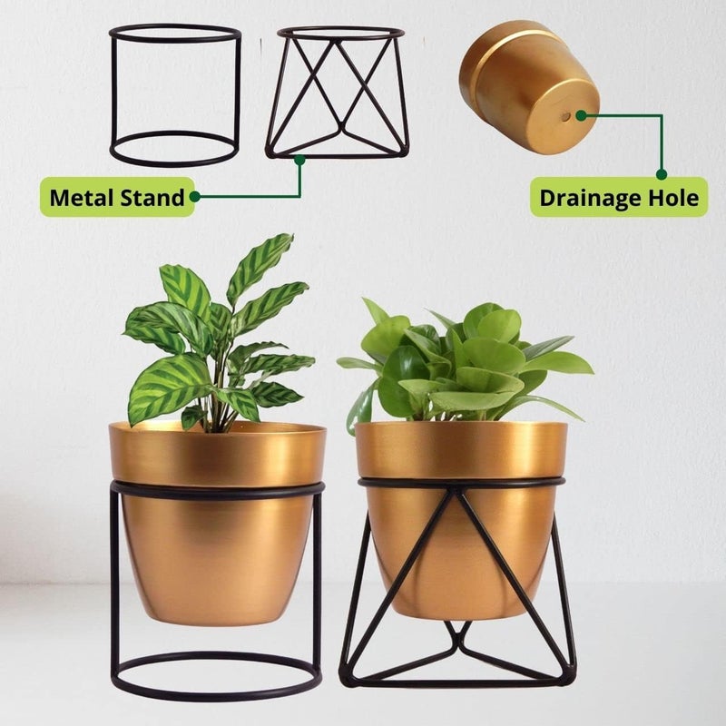 ecofynd أصيص معدني من إيكوفايند مقاس 5 بوصات مع حامل، عبوة من 2، مجموعة أواني نباتات عصرية، قطعة منزلية للداخل والخارج لنباتات الحدائق والزهور، الشرفة، الفناء، غرفة المعيشة، الحديقة، ديكور غرفة النوم (COM012) - Image 2