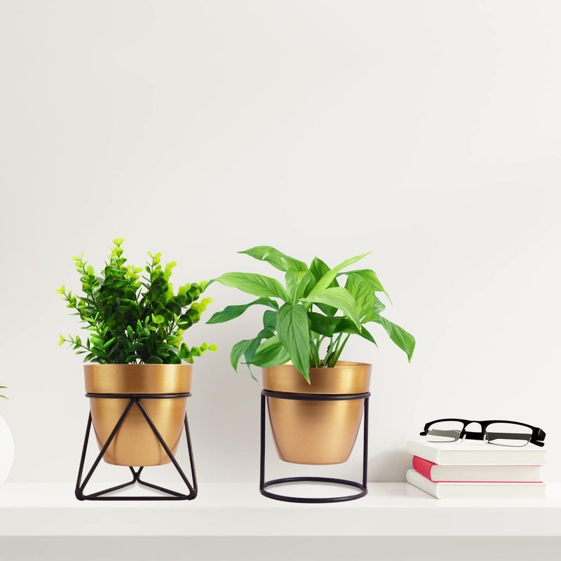 ecofynd أصيص معدني من إيكوفايند مقاس 5 بوصات مع حامل، عبوة من 2، مجموعة أواني نباتات عصرية، قطعة منزلية للداخل والخارج لنباتات الحدائق والزهور، الشرفة، الفناء، غرفة المعيشة، الحديقة، ديكور غرفة النوم (COM012) - Image 1