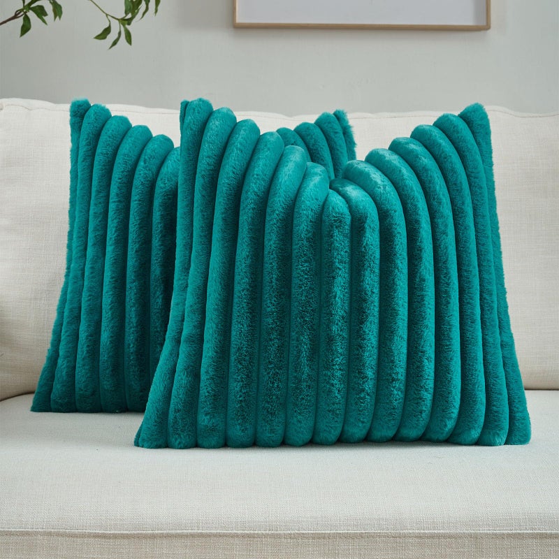 FUTEI Pack of 2 Fluffy Faux Fur Throw Pillow Covers 18x18 Inch Elegant Striped Textured Decorative Cushion Cases Modern Accent Pillow for Couch Bed Living Room Teal - Image 2