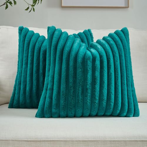 FUTEI Pack of 2 Fluffy Faux Fur Throw Pillow Covers 18x18 Inch Elegant Striped Textured Decorative Cushion Cases Modern Accent Pillow for Couch Bed Living Room Teal - Image 1