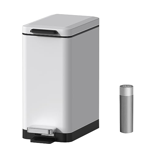 Mbillion Bathroom Trash Can with Lid Slim Stainless Steel Small Bathroom Garbage Can 10 Liter, 2.6 Gallon Soft Close, Step Pedal, Slim Wastebasket for Toilet, Office, Bedroom, White - Image 1