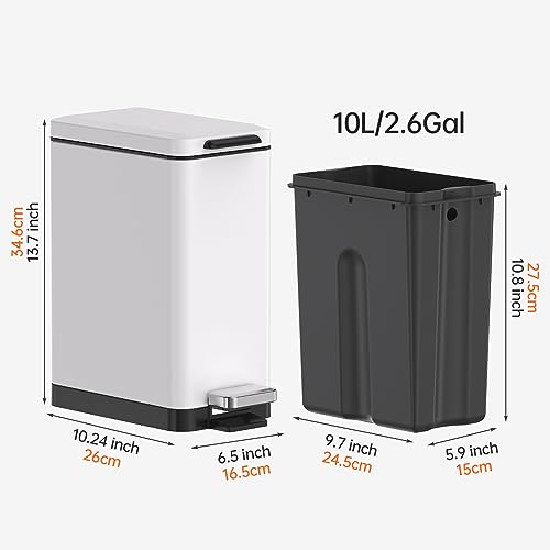 Mbillion Bathroom Trash Can with Lid Slim Stainless Steel Small Bathroom Garbage Can 10 Liter, 2.6 Gallon Soft Close, Step Pedal, Slim Wastebasket for Toilet, Office, Bedroom, White - Image 3
