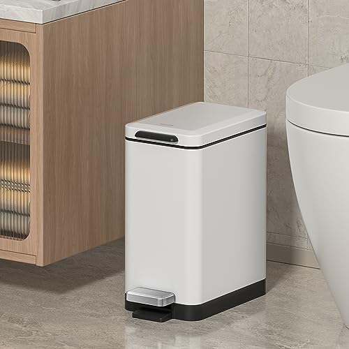 Mbillion Bathroom Trash Can with Lid Slim Stainless Steel Small Bathroom Garbage Can 10 Liter, 2.6 Gallon Soft Close, Step Pedal, Slim Wastebasket for Toilet, Office, Bedroom, White - Image 2