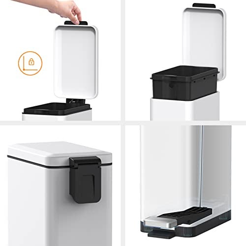 Mbillion Bathroom Trash Can with Lid Slim Stainless Steel Small Bathroom Garbage Can 10 Liter, 2.6 Gallon Soft Close, Step Pedal, Slim Wastebasket for Toilet, Office, Bedroom, White - Image 4
