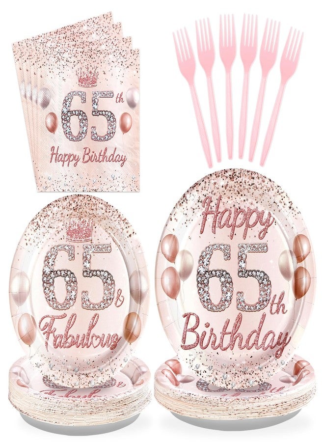 Grencian 96 Pcs 65th Birthday Party Supplies for Women Rose Gold 65 Years Old Paper Plates and Napkins Tableware Set Disposable 65th Birthday Decorations for Ladies Women 65 Years Old Party Serves 24 - Image 1