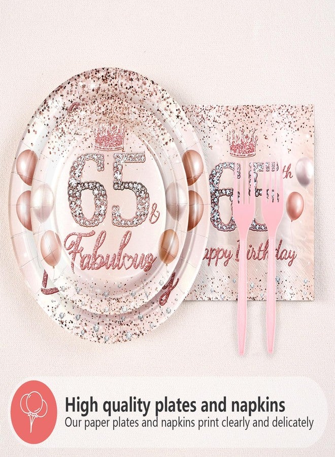 Grencian 96 Pcs 65th Birthday Party Supplies for Women Rose Gold 65 Years Old Paper Plates and Napkins Tableware Set Disposable 65th Birthday Decorations for Ladies Women 65 Years Old Party Serves 24 - Image 4
