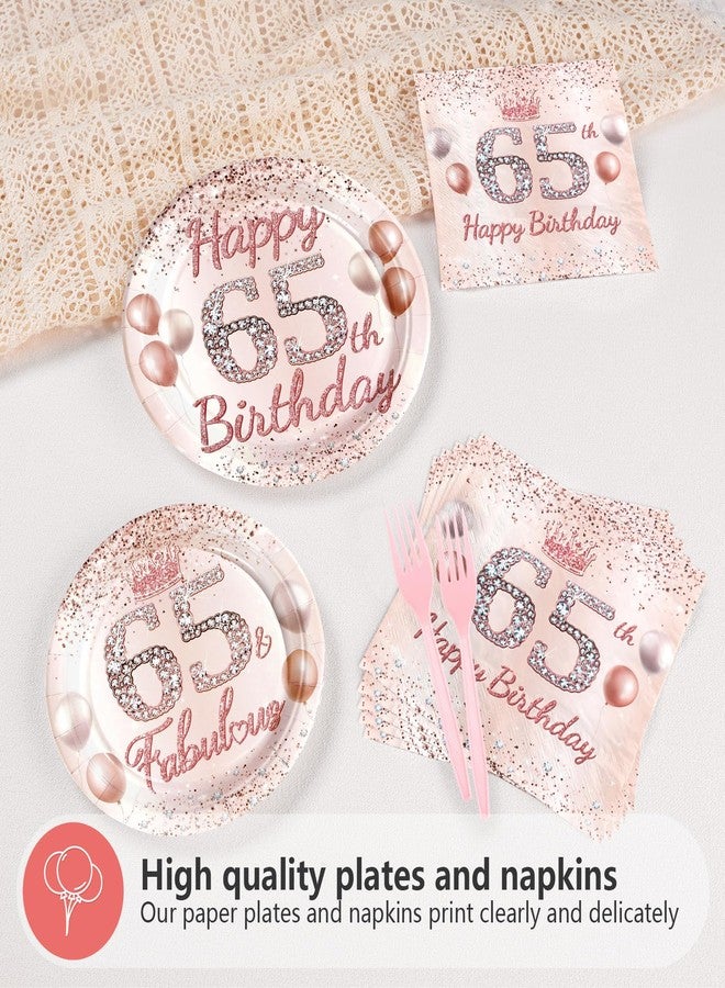Grencian 96 Pcs 65th Birthday Party Supplies for Women Rose Gold 65 Years Old Paper Plates and Napkins Tableware Set Disposable 65th Birthday Decorations for Ladies Women 65 Years Old Party Serves 24 - Image 5