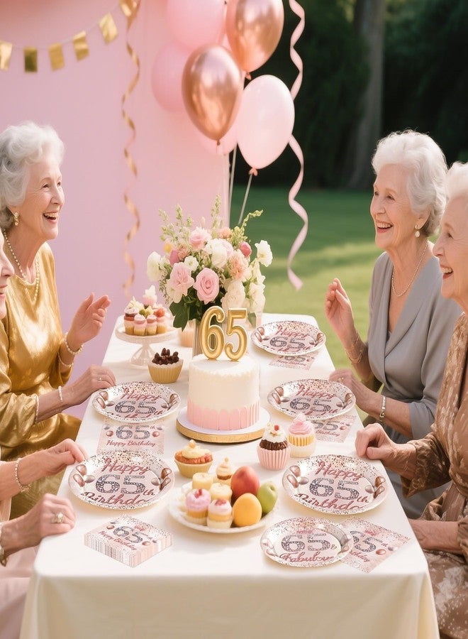 Grencian 96 Pcs 65th Birthday Party Supplies for Women Rose Gold 65 Years Old Paper Plates and Napkins Tableware Set Disposable 65th Birthday Decorations for Ladies Women 65 Years Old Party Serves 24 - Image 3