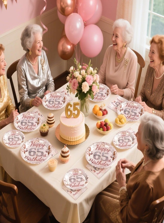 Grencian 96 Pcs 65th Birthday Party Supplies for Women Rose Gold 65 Years Old Paper Plates and Napkins Tableware Set Disposable 65th Birthday Decorations for Ladies Women 65 Years Old Party Serves 24 - Image 2