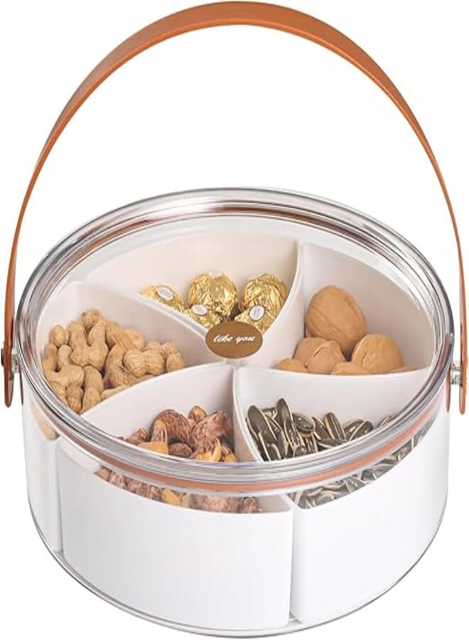 Divided Serving Tray with Lid, Portable Removable Divided Platter Food Storage Containers with 5 Compartment for Christmas Party, Veggies, Snack, Fruit, Nuts, Candy, Cracker, Chip (White)