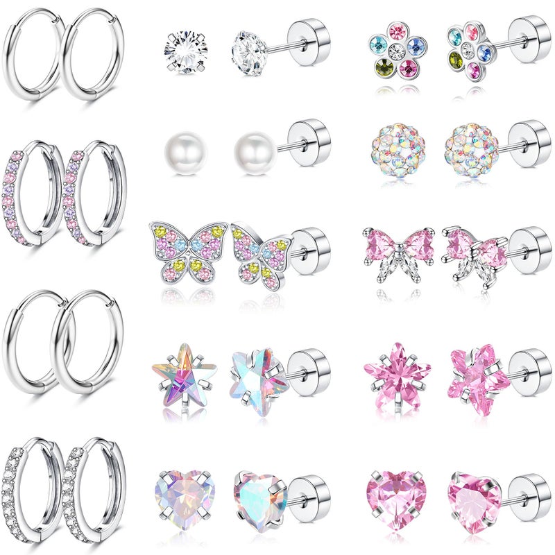Besteel 14 Pairs Hypoallergenic Earrings for Women Girls Surgical Steel Screw Back Earring for Sensitive Ears Cute Butterfly CZ Flat Back Earrings Girls Jewelry (flat back) age: Over 4 years old - Image 1