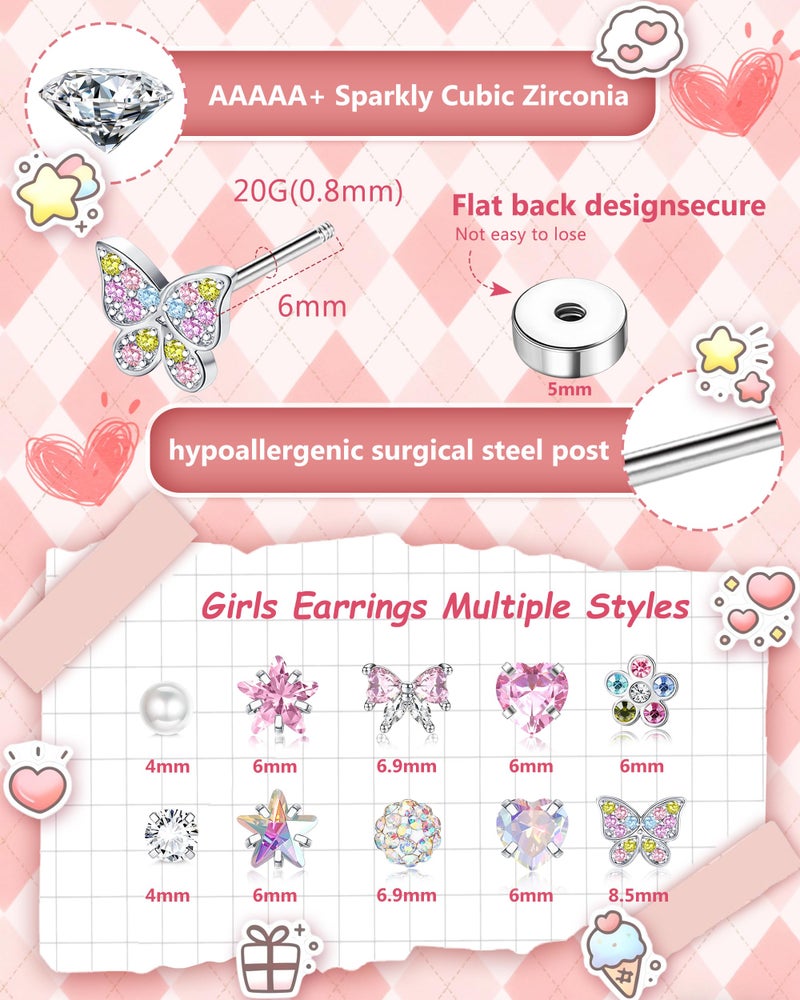Besteel 14 Pairs Hypoallergenic Earrings for Women Girls Surgical Steel Screw Back Earring for Sensitive Ears Cute Butterfly CZ Flat Back Earrings Girls Jewelry (flat back) age: Over 4 years old - Image 2