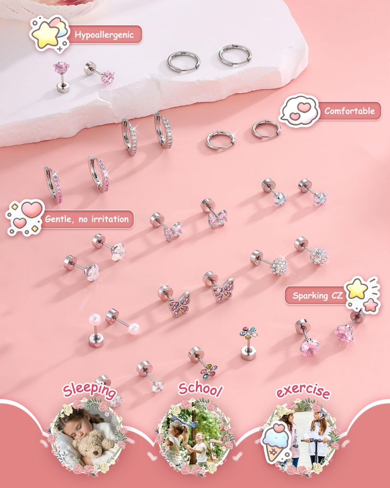 Besteel 14 Pairs Hypoallergenic Earrings for Women Girls Surgical Steel Screw Back Earring for Sensitive Ears Cute Butterfly CZ Flat Back Earrings Girls Jewelry (flat back) age: Over 4 years old - Image 3