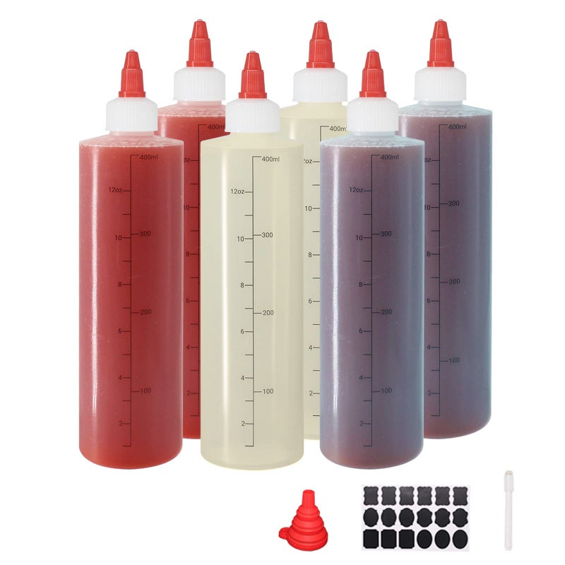 Belinlen 6 Pack 12 oz Graduated Plastic Squeeze Squirt Condiment Bottles with Red Twist On Cap Lids  for Condiments Oil Icing Liquidswith Extra 1 Silicone Funnel 18 Chalk Labels and 1 Pen