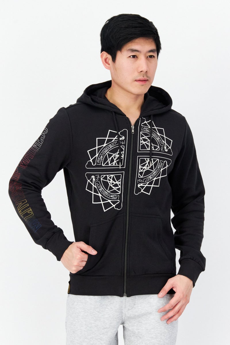 DIFUZED Men Printed Full Zip Long Sleeve Fleece Sweatshirts, Black - Image 1