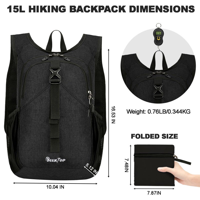 Seektop 15L Small Hiking Backpack for Women Men, Lightweight Hiking Packable Daypack with Phone Pocket for Travel Camping (Black, 15L) - Image 4