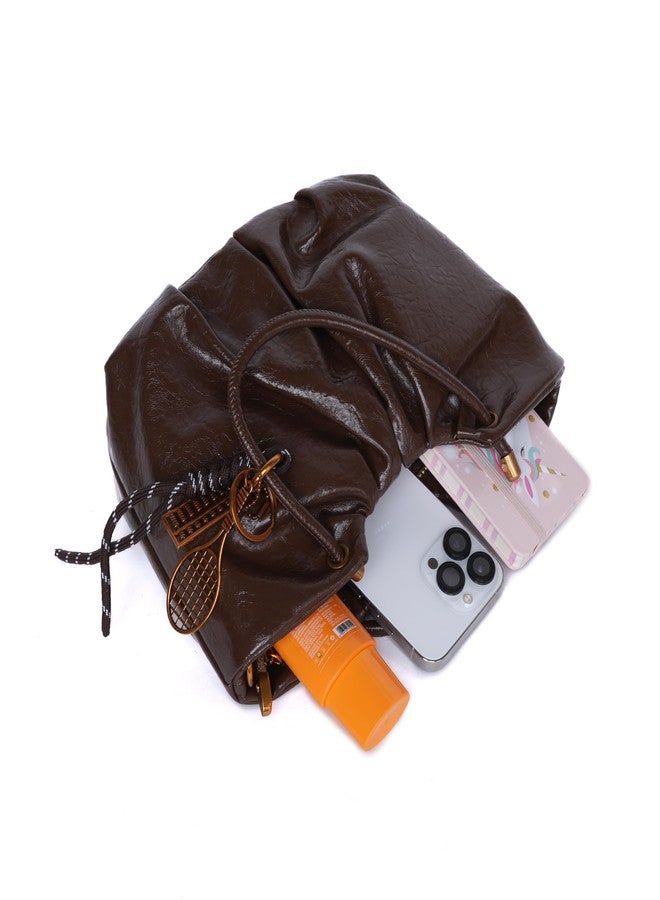 SANTORINI Mini Bucket Bag for Women | Adjustable Sling, Bag Charm, Faux Leather | Compact Sling Handbag with 1 Zipper Pocket (Dark Brown) - Image 4