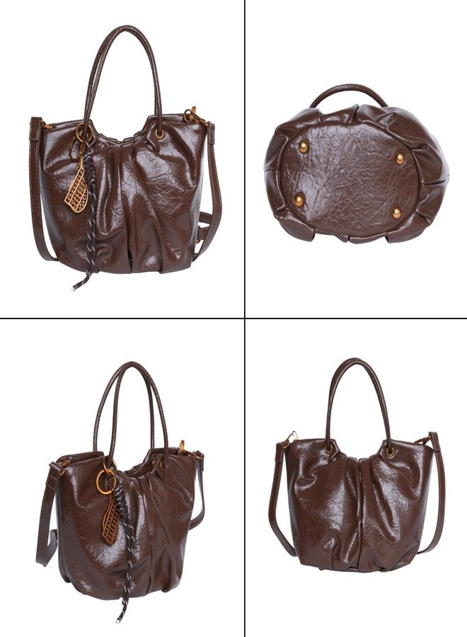 SANTORINI Mini Bucket Bag for Women | Adjustable Sling, Bag Charm, Faux Leather | Compact Sling Handbag with 1 Zipper Pocket (Dark Brown) - Image 3