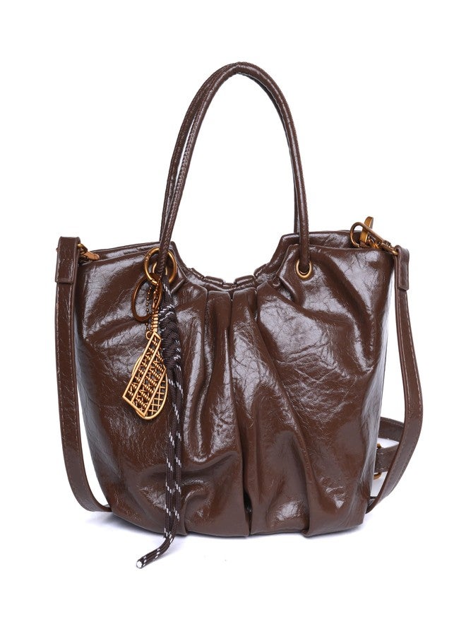 SANTORINI Mini Bucket Bag for Women | Adjustable Sling, Bag Charm, Faux Leather | Compact Sling Handbag with 1 Zipper Pocket (Dark Brown) - Image 1