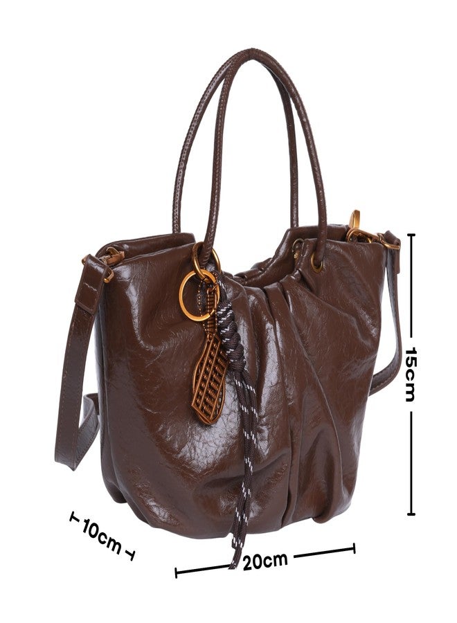 SANTORINI Mini Bucket Bag for Women | Adjustable Sling, Bag Charm, Faux Leather | Compact Sling Handbag with 1 Zipper Pocket (Dark Brown) - Image 2