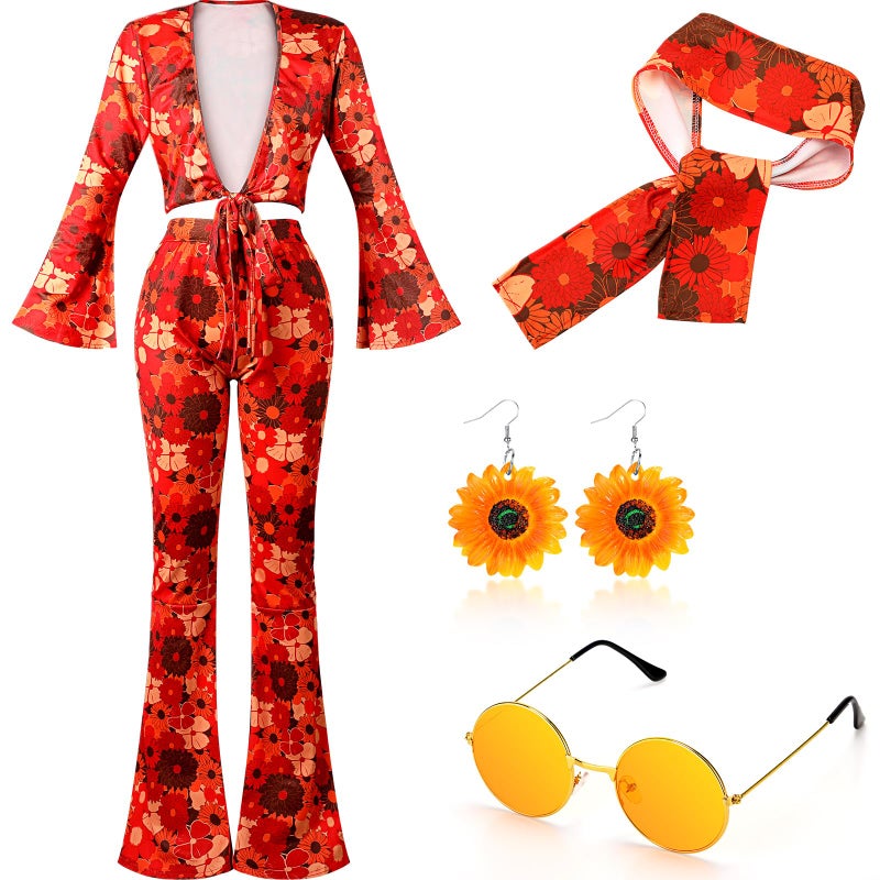 Foaincore 6 Pcs 70s Disco Outfits for Women Hippie Halloween Costume Set Flared Pants Headband Earring Sunglass(Medium) - Image 1