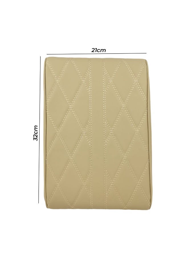 PU Leather Car Armrest Cushion Cover with Memory Foam, Waterproof and Wear-Resistant, Comfortable Elbow Support, Easy-to-Clean, Universal Fit for Most Car Armrests – Beige, Diamond-Stitched - Image 3