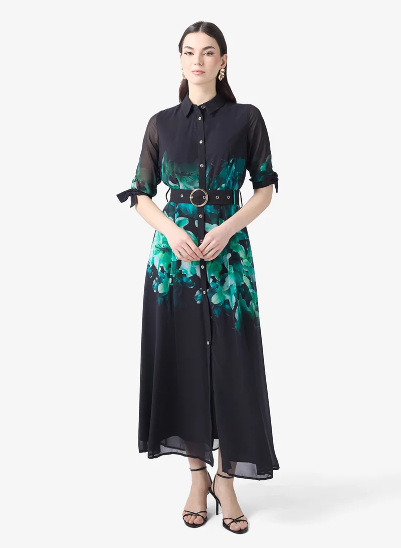Printed Belt Detail Maxi Shirt Dress