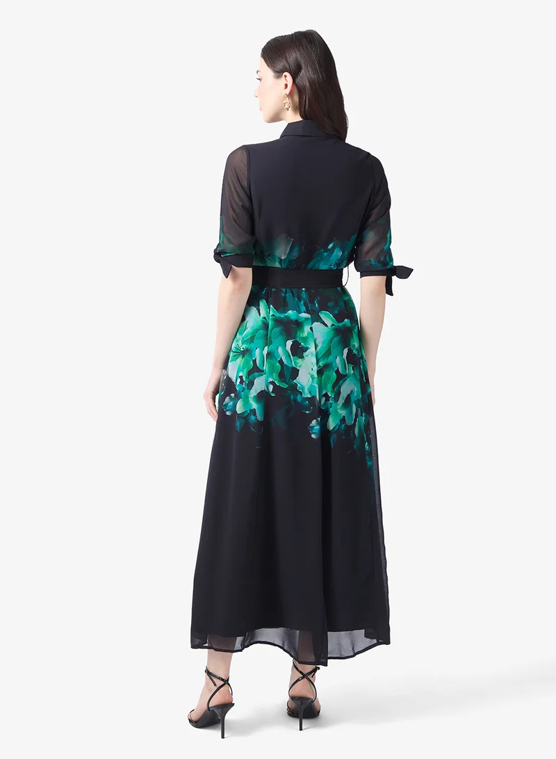 Style Cheat Printed Belt Detail Maxi Shirt Dress