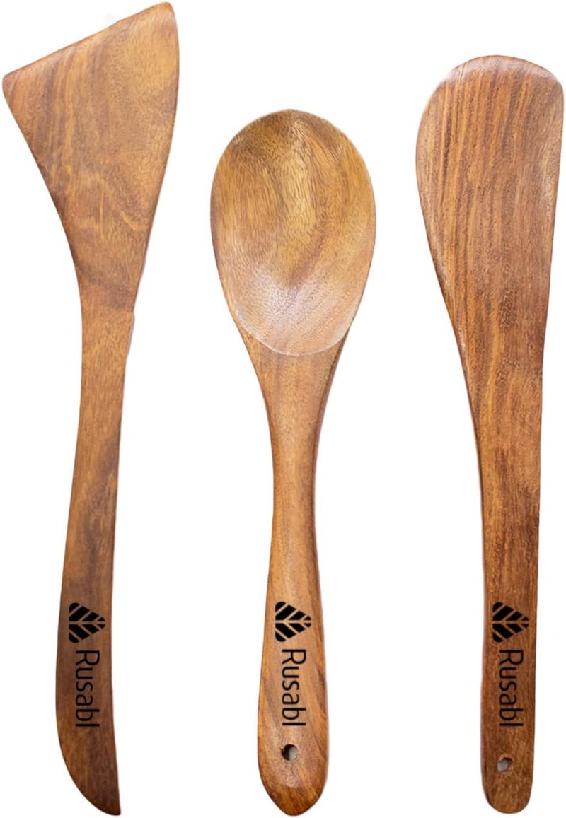 Rusabl (Pack of 3) 100% Pure Sheesham Wooden Spatulas, Premium Palta, Butter Spoon & Serving Spoon for Cooking Dosa, Chapati, Rice, Kitchen Tools with Non-Toxic Polish, Heat Resistant, Non-Stick - Image 1