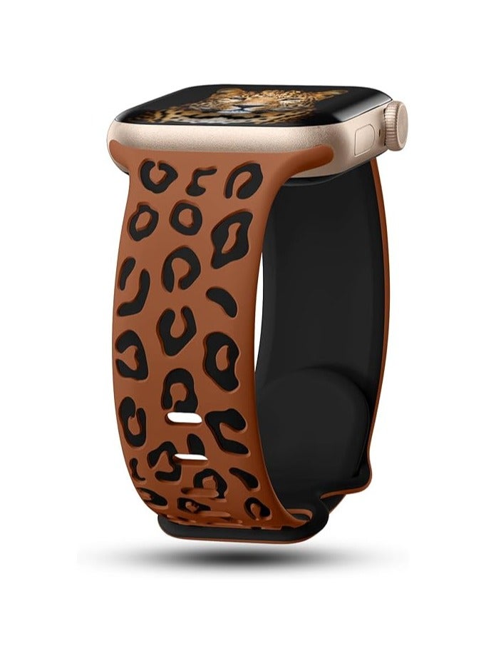 Engraved Leopard Bands Compatible with Apple Watch Band 42mm 40mm 41mm 38mm Women, Silicone Cheetah Designer Strap for iWatch Series 10 9 8 7 6 5 4 3 2 SE Ultra, Brown & Black - Image 1