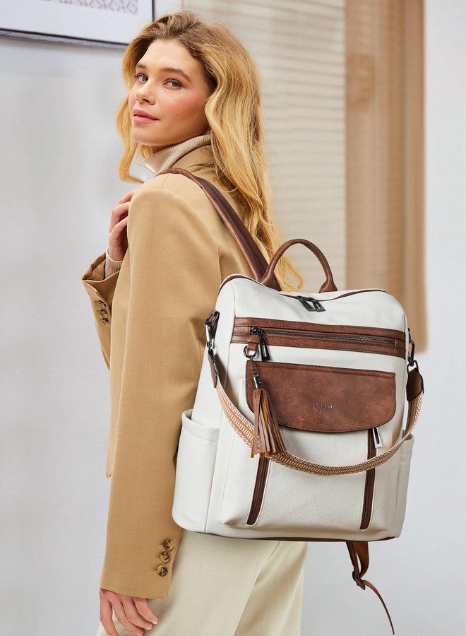 Shrrie Laptop Backpack for Women 15.6 inch,Travel Leather Backpack Purse Nurse Teacher Carry on Backpack Computer Bag,Professional Water-Resistant College Business Work Casual Daypack,Beige with Brown - Image 2