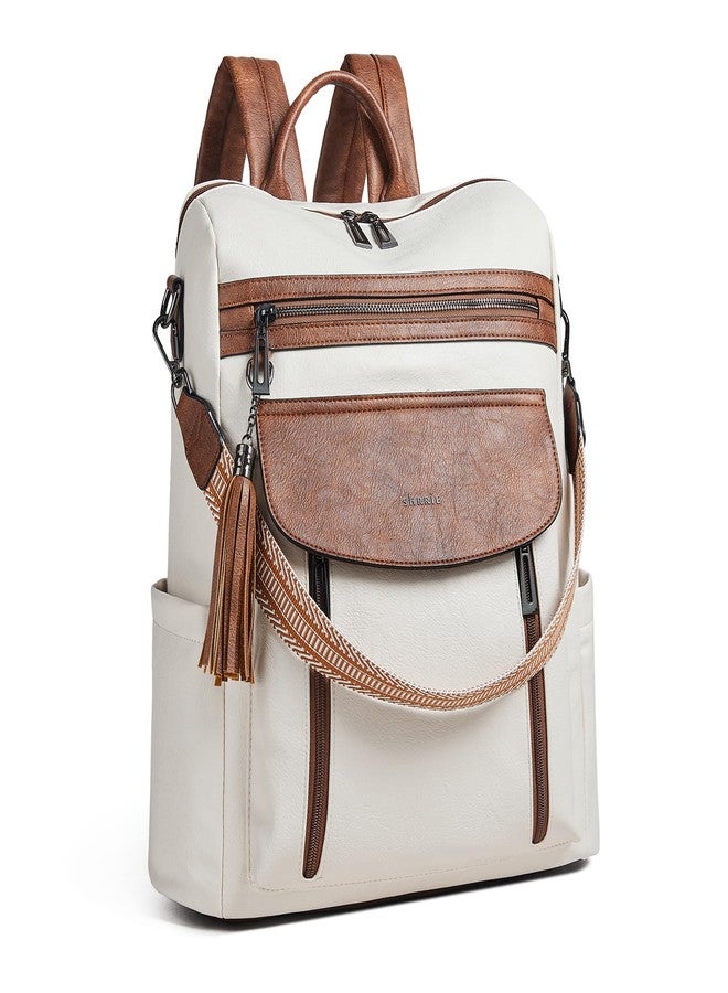 Shrrie Laptop Backpack for Women 15.6 inch,Travel Leather Backpack Purse Nurse Teacher Carry on Backpack Computer Bag,Professional Water-Resistant College Business Work Casual Daypack,Beige with Brown - Image 1