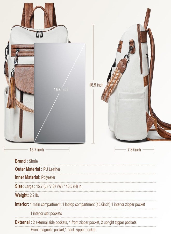Shrrie Laptop Backpack for Women 15.6 inch,Travel Leather Backpack Purse Nurse Teacher Carry on Backpack Computer Bag,Professional Water-Resistant College Business Work Casual Daypack,Beige with Brown - Image 3