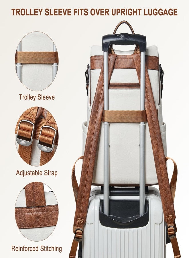 Shrrie Laptop Backpack for Women 15.6 inch,Travel Leather Backpack Purse Nurse Teacher Carry on Backpack Computer Bag,Professional Water-Resistant College Business Work Casual Daypack,Beige with Brown - Image 4
