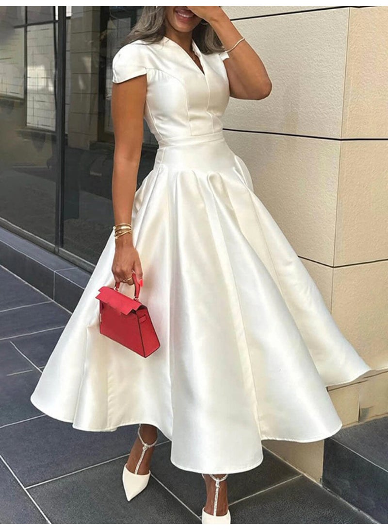 Short Sleeves Solid Color V-Neck Midi Dresses