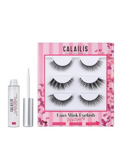 Calailis False Eyelash, Eye Makeup Lash 3D Faux Mink Fake Eyelash Long Natural Eyelashes 3 Pairs With 5G False Eyelash Glue (Cs01) 